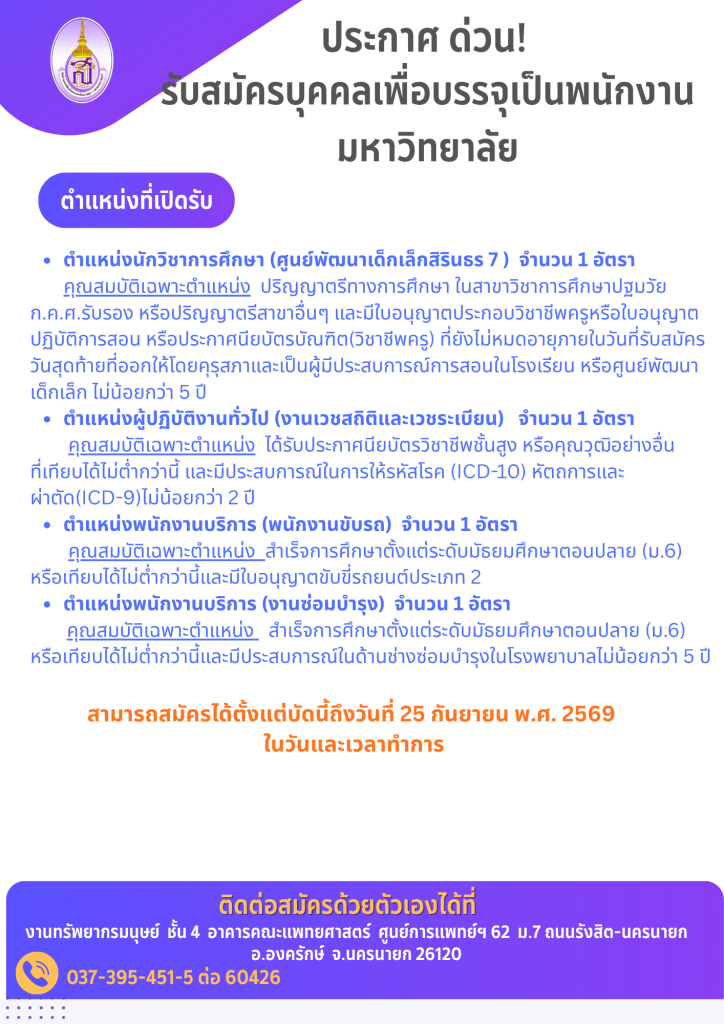 รับสมัครพนักงานมหาวิทยาลัย 4 ตำแหน่ง 4 อัตรา - ศูนย์การแพทย์สมเด็จพระเทพรัตนราชสุดา ฯ สยามบรมราชกุมารี