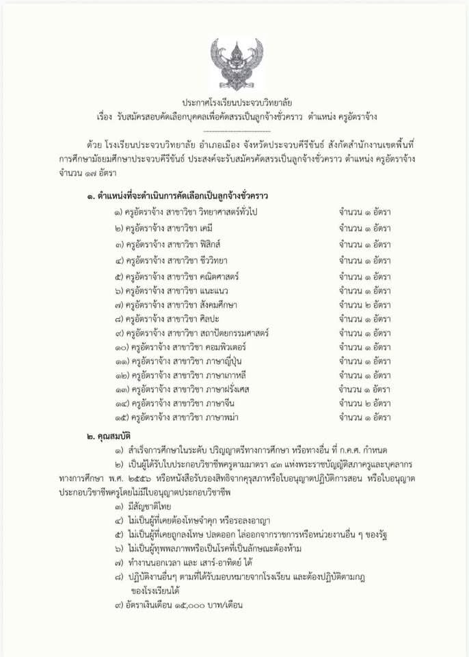 โรงเรียนประชวบวิทยาลัย รับสมัครครูอัตราจ้าง 17 อัตรา