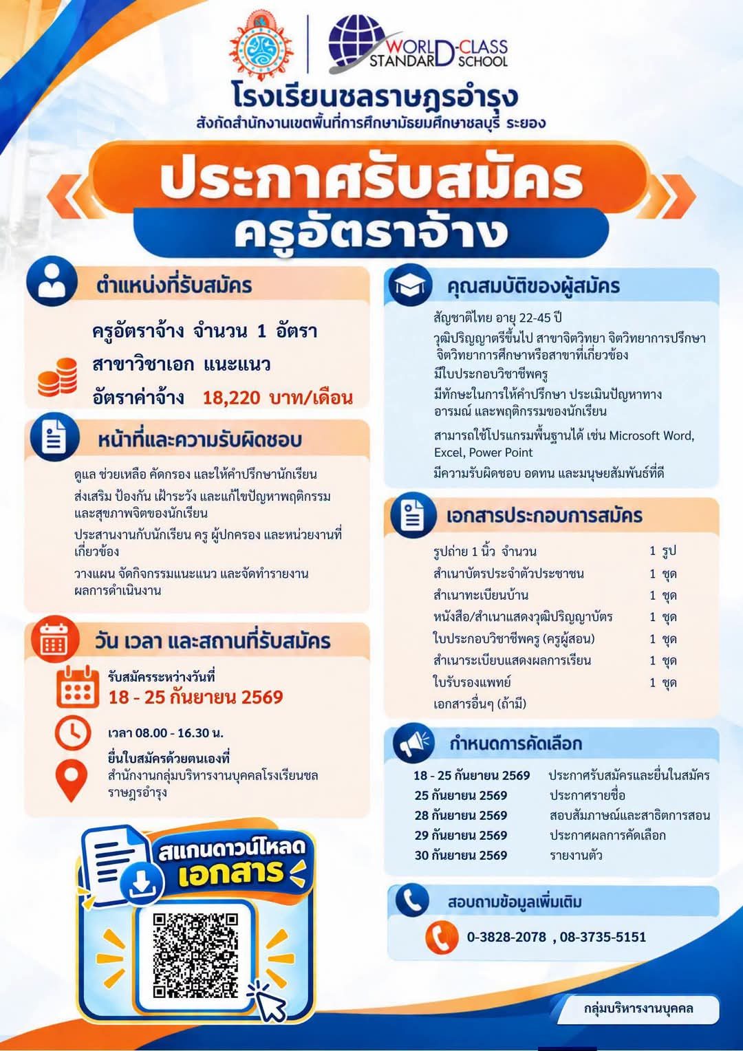 โรงเรียนชลราษฎรอำรุง รับสมัครครูอัตราจ้าง วิชาเอกแนะแนว 1 อัตรา