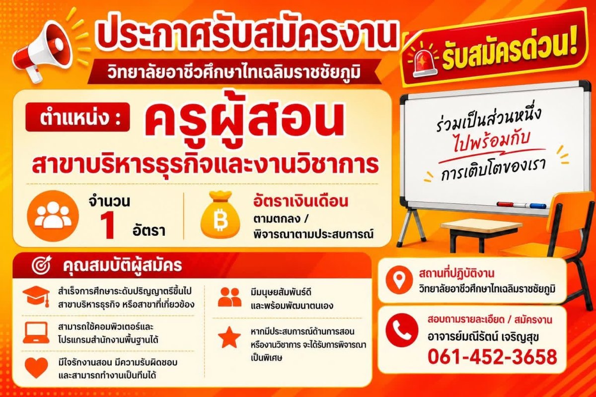 วิทยาลัยอาชีวศึกษาไทยเฉลิมราชชัยภูมิ รับสมัครครูผู้สอน สาขาบริหารธุรกิจและงานวิชาการ