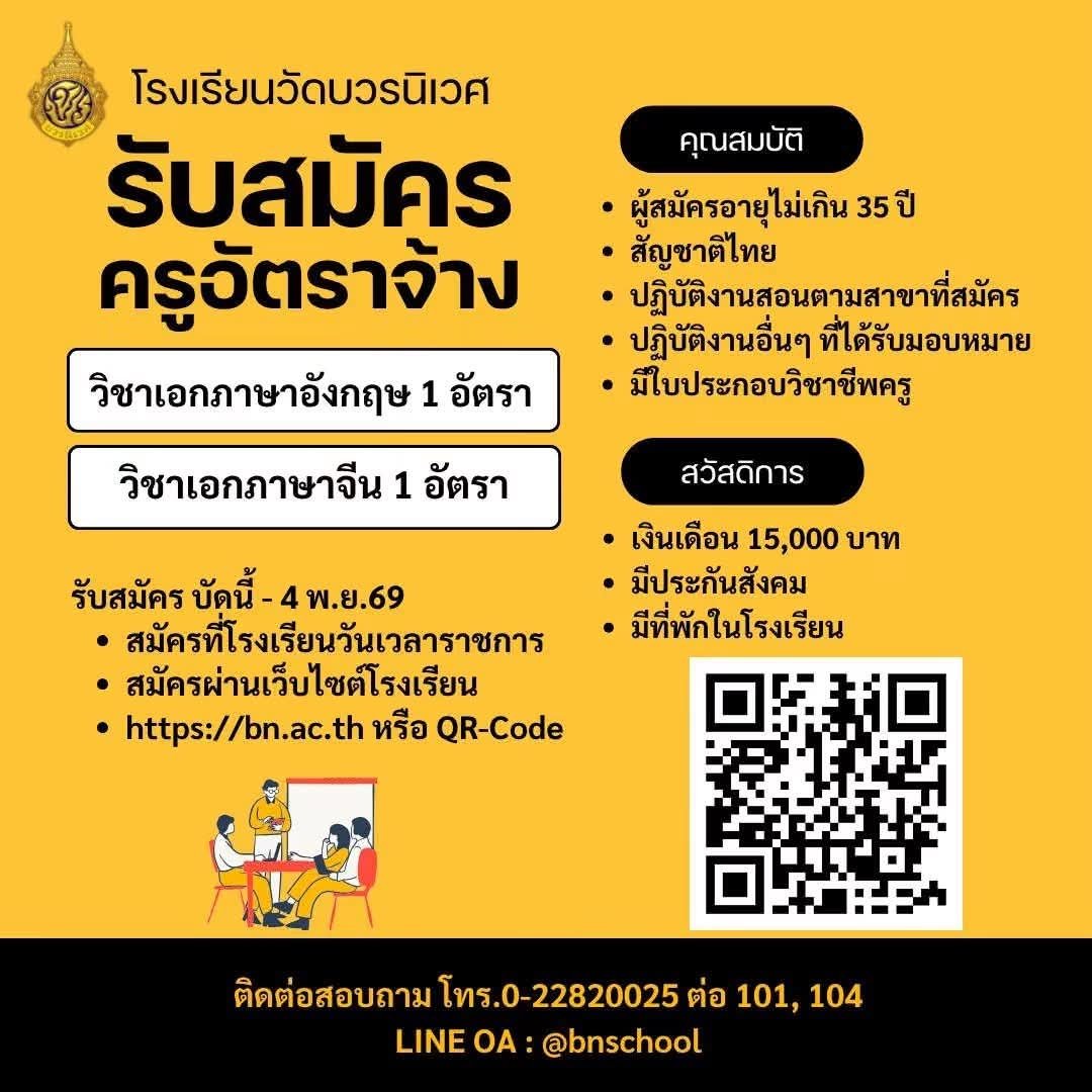 โรงเรียนวัดบวรนิเวศ - รับสมัครครูอัตราจ้าง ภาษาอังกฤษและภาษาจีน อย่างละ 1 อัตรา